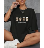 Baskılı Oversize Bisiklet Yaka T-shirt - Siyah