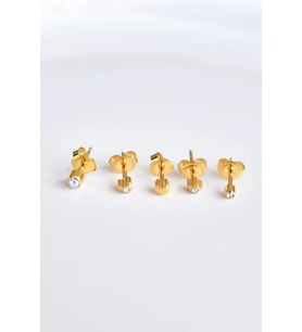 Çelik Gold Kaplama Cerrahi Tektaş Çivili 5'li Kombin Küpe Model6
