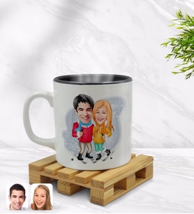 BK Gift Kişiye Özel Sevgililer Karikatürlü İçi Siyah Renkli Kupa Bardak Model 107
