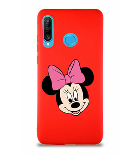 Huawei P30 Lite Soft Premier Kapak Minnie Mouse-C Tasarımlı Silikon Kılıf - Kırmızı (Şeffaf)