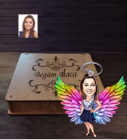 Kişiye Özel Melek Anne Karikatürlü Ahşap Anahtarlık Kutulu Model-3