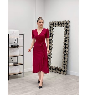 Crep Kumaş Midi Elbise  - BORDO