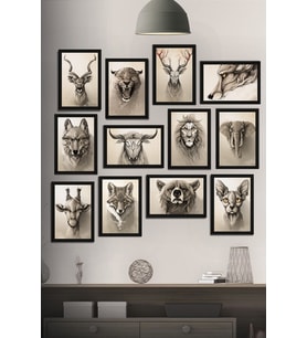 Çerçeve Görünümlü Hayvanlar Alemi Temalı Mdf Tablo Seti (80x80 Cm) 12 Parça