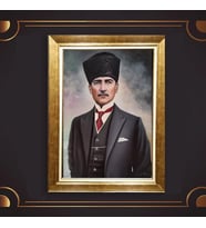 Altın Varaklı Çerçeveli Paspartulu Atatürk Tablo z5193 (Gold)