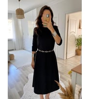 Kadın Uzun Kollu Bisiklet Yaka Midi Ithal Krep Elbise (Siyah)