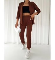 Kadın Beli Lastikli Scuba Pantolon Ceket 2li Takım Kahverengi