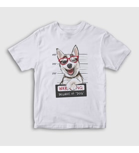 Presmono Unisex Çocuk Beyaz Beware Husky Dog Köpek T-Shirt 411762tt