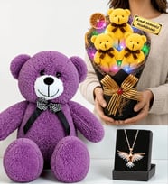 Kişiye Özel Renkli LED Işıklı Ayıcık Buketi, Renkli Anka Kuşu Kolye ve 50 cm Mor Peluş Ayıcık Seti