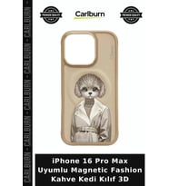 iPhone 16 Pro Max Uyumlu Magnetic Fashion Kahve Kedi Kılıf 3D Kapak Hediye Telefon Kılıfı