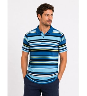 Erkek Çizgili Polo Yaka Tişört Kısa Kol Yazlık T-Shirt Regular Fit - Mavi