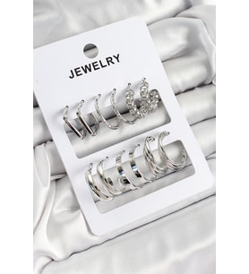 Pirinç Karışık Halka Model Gümüş Renk 6 Çift Kadın Küpe Set