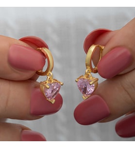 Gümüş Gold Pembe Taşlı Kalpli Kadın Küpe