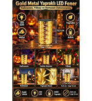 Gold Metal Yapraklı Askılı Pilli LED Fener Halloween Yılbaşı Ramazan Dekor Süsü 12,5 x 7,5 cm
