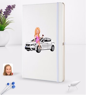 BK Gift Kişiye Özel Plakalı Kadın Seat Leon Karikatürlü Beyaz Termo Deri Defter 16x24cm Model 2