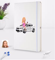 BK Gift Kişiye Özel Plakalı Kadın Seat Leon Karikatürlü Beyaz Termo Deri Defter 16x24cm Model 2