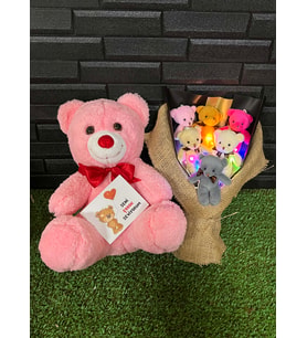 Sevgiliye Romantik Hediye 35cm Pembe Ayıcık ve Rengarenk Işıklı 6lı Ayıcık Buketi