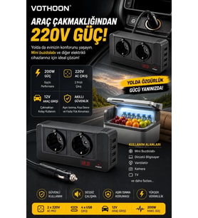 200w 12v Dc - 220v Ac Araç İçi İnvertör Priz Usb Girişli Dijital Göstergeli