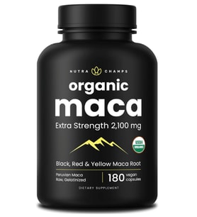 NutraChamps USDA Organic Peruvian Maca Root  Women - Men, 2100mg, 180 Capsul, Black, Red - Yellow, Peruana, Extra Strength Pure Premium.