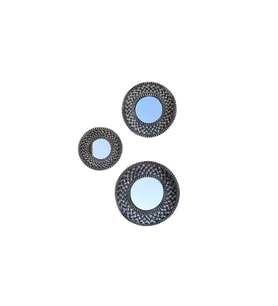 Dekoratif Polyester Yuvarlak Hasırlı Üçlü Ayna Takımı Gümüş Siyah Eskitme