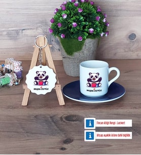Sevimli Panda Türk Kahvesi Fincanı Lacivert ve Ahşap Anahtarlık Hediye (Model 1)