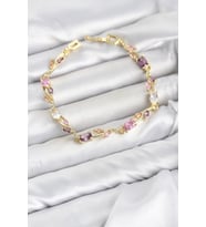 Pirinç Gold Renk Pembe ve Mor Zirkon Taşlı Çiçek Model Kadın Bileklik