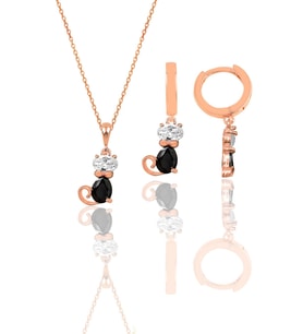 Gümüş rose zirkon taşlı özel tasarım kedi kolye ve küpe ikili set SGTL12091ROSE