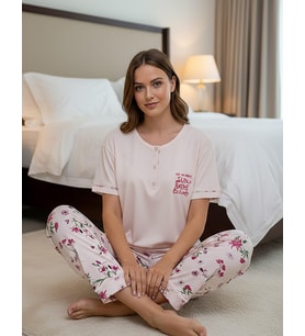 Mihra Kadın Ring Viskon Düğmeli Yaka Kısa Kol Likralı Pijama Takımı 40112P - 1 Adet