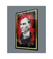 Miyrem Glasses Collection -A1^#  Gold Şerit Kırmızı Siyah Fonlu Atatürk Cam Tablo (Çok Renkli)