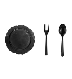 Omeyva 26 Cm. Siyah Sorfa Davet Seti - Sert Mika Plastik - 12 Kişilik Tabak Çatal Kaşık Takımı