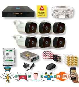 6 KAMERALI SET - ARAÇ İNSAN YÜZ TANIMALI HAREKET ALGILAYAN GECE GÖRÜŞLÜ 36 IR LED 5MP SONY LENSLİ 1080P FULL HD METAL KASA GÜVENLİK KAMERASI SETİ 5236