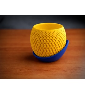 3D Baskı Küre Saksı - Kafes Dokulu İki Parçalı Dekoratif Saksı - Sarı-Mavi