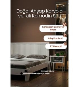 Ebruli̇ Model Dikey Başlıklı Masif Ahşap Karyola ve 2 Adet Komodin Kolay Kurulum Fırınlanmış İthal Sibirya Çamı 140x190 Yatak Uyumlu 2 Adet Komodin