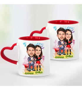 Sevgiliye Hediye Mutlu Çiftler Karikatürlü İkili Kalpli Kırmızı Kupa Bardak