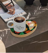 BK Gift Kişiye Özel Yapraklar Tasarımlı Doğal Ahşap Tabaklı Türk Kahvesi Fincanı Sunum Seti Model 7