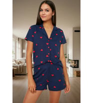 Kadın Kalpli Desenli Pamuklu Kısa Kollu Pijama Takımı Rahat Ev Giyim Seti Profesyonel Görünüm (Lacivert)