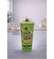 550 ml Capybara Figürlü Pipetli Çocuk Termos Bardak Boncuklu Kubbe Kapaklı Sevimli Matara (Neonyeşil)