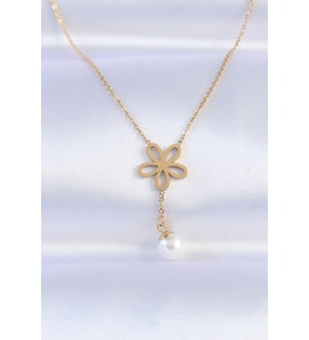 pilelistore 316L Çelik Zincir Gold Renk İnci Detay Çiçek Kolye - TJ-BKO8730