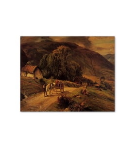 Ahşap Tablo Kulübe Ağaçlar Dağlar Ve At Arabası (25x35 Cm Boyut)