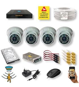 4 KAMERALI SET - HAREKET ALGILAYAN GECE GÖRÜŞLÜ 36 IR LED 5MP SONY LENSLİ 1080P FULL HD DOME İÇ MEKAN GÜVENLİK KAMERASI SETİ D136B