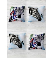 Zebra Ve Kelebek Desenli Gizli Fermuarlı Kırlent Kılıfı Koltuk Yastık Kılıfı Takım(4adet) (Siyah-Mavi)