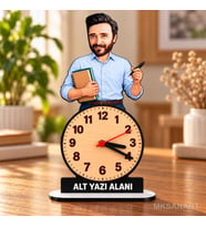 Kişiye Özel Erkek Öğretmen Karikatürlü 18 cm MDF Dikey Masa Saati - Öğretmen Hediyesi Öğretmenler Günü Hediyesi