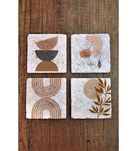Doğal Taş Bardak Altlığı Modern Desenler Baskılı 4'lü Set 10x10x1 Cm- Stone Coasters