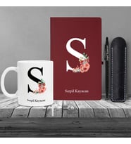 Kişiye Özel Anneler Günü Uv Baskılı Harfli Bordo Defter & Siyah Tükenmez Kalem ve Kupa