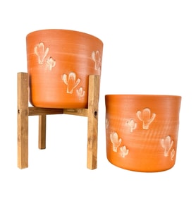 Bitki Tasarımı Ev Dekorasyon Aksesuar Kaktüs Desenli Toprak Saksı Saksılık Salon Çiçeklik İkili Set Ayaksız - 4 Ayaklı- 19 CM