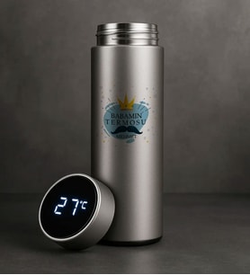 BK Gift Kişiye Özel Babalar Günü Tasarımlı Filtreli Dijital Göstergeli Gümüş Çelik Termos-2, Babaya Hediye, Babalar Günü Hediyesi (Beyaz)