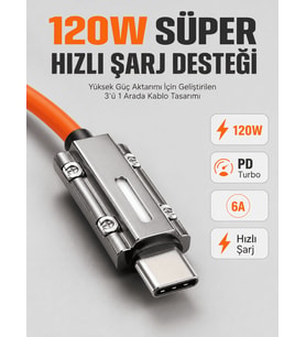 LED Göstergeli 120W PD Turbo Destekli Premium 3'ü 1 Arada Şarj Kablosu