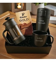 Kişiye Özel  Erkek Kadın Lüks Hediye Seti, Çelik Termos Bardak, Seramik Kupa, French Press, Tchibo Filtre Kahve