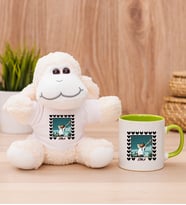 Kişiye Özel Kalp Detaylı Fotoğraflı  Peluş Koyun ve Yeşil Kupa