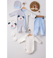 Mulvxbby Bby02 Ayıcık Nakışlı Tulumlu % 100 Pamuk Erkek Bebek 5'Li Set (Mulvix)