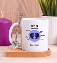 Kişiye Özel İkizler Burcuna Hediye Ahşap Altlıklı Beyaz Kupa Bardak